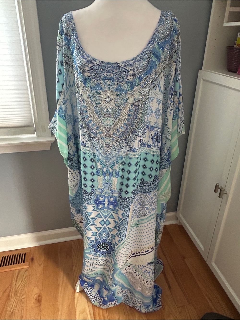 Camilla Silk Kaftan Maxi Dress Blue Embellished One Size Boho Resort